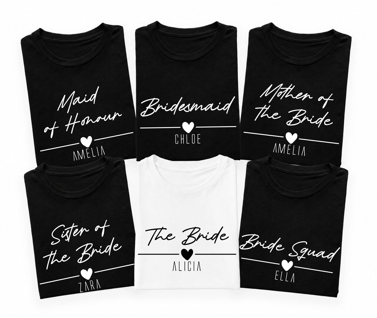 Personalised Hen Party T Shirts featuring Bride, Bridesmaid, Maid of Honour, Mother of the Bride, Sister of the Bride and Bride Squad designs. Custom bridal party shirts personalised with names for hen weekends, bachelorette parties, bridal showers, weddings and bridal celebrations. Professionally printed in the UK with fast dispatch.