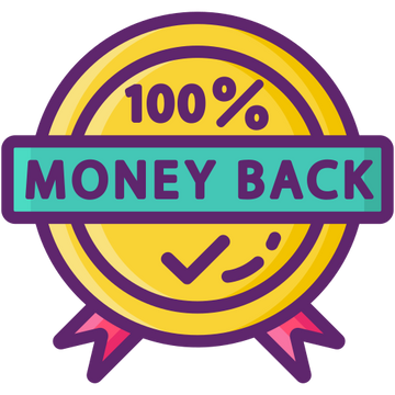 Teezora Prints 100% money back guarantee badge representing customer satisfaction, trusted shopping, quality assurance and confidence when ordering personalised clothing, custom apparel and DTF printing services.