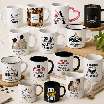 Teezora Prints mug collection featuring personalised mugs, custom photo mugs, name mugs, heart handle mugs, camping mugs, colour changing mugs, motivational mugs, coffee mugs and printed gift mugs. Premium ceramic mugs printed in the UK, perfect for personalised gifts, birthdays, anniversaries, couples, family, friends, office, businesses and everyday coffee lovers with fast dispatch and free UK delivery.