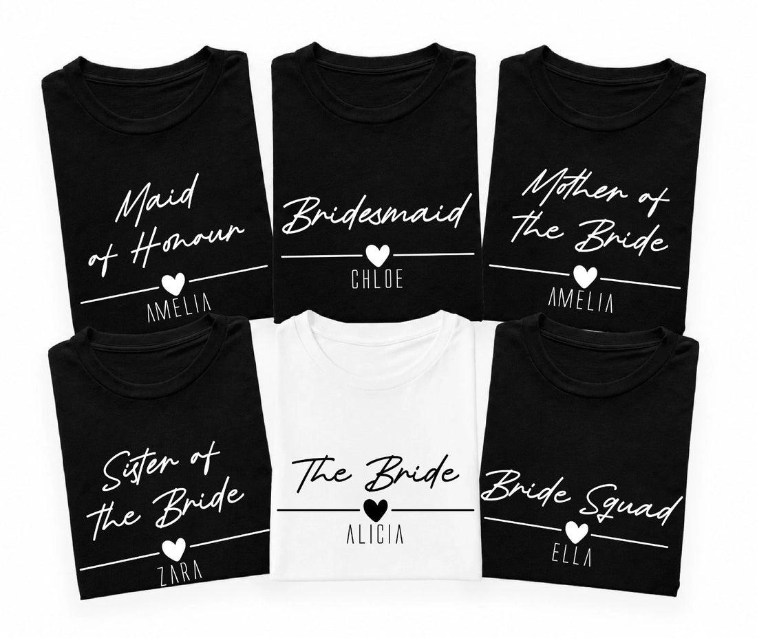 Personalised bridesmaid t shirts featuring custom names and bridal party roles including Bride, Bridesmaid, Maid of Honour, Sister of the Bride and Bride Squad. These matching bridal party shirts are professionally printed for weddings, hen parties and bridal celebrations. Perfect for creating coordinated outfits and memorable wedding keepsakes.