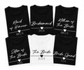Personalised bridesmaid t shirts featuring custom names and bridal party roles including Bride, Bridesmaid, Maid of Honour, Sister of the Bride and Bride Squad. These matching bridal party shirts are professionally printed for weddings, hen parties and bridal celebrations. Perfect for creating coordinated outfits and memorable wedding keepsakes.